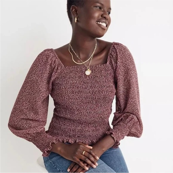 Madewell Floral Smocked cottage milkmaid Purple +white floral print top large - Picture 1 of 9